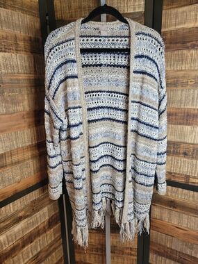 Chico's Navy & Cream Striped Open-Front Fringe Cardigan